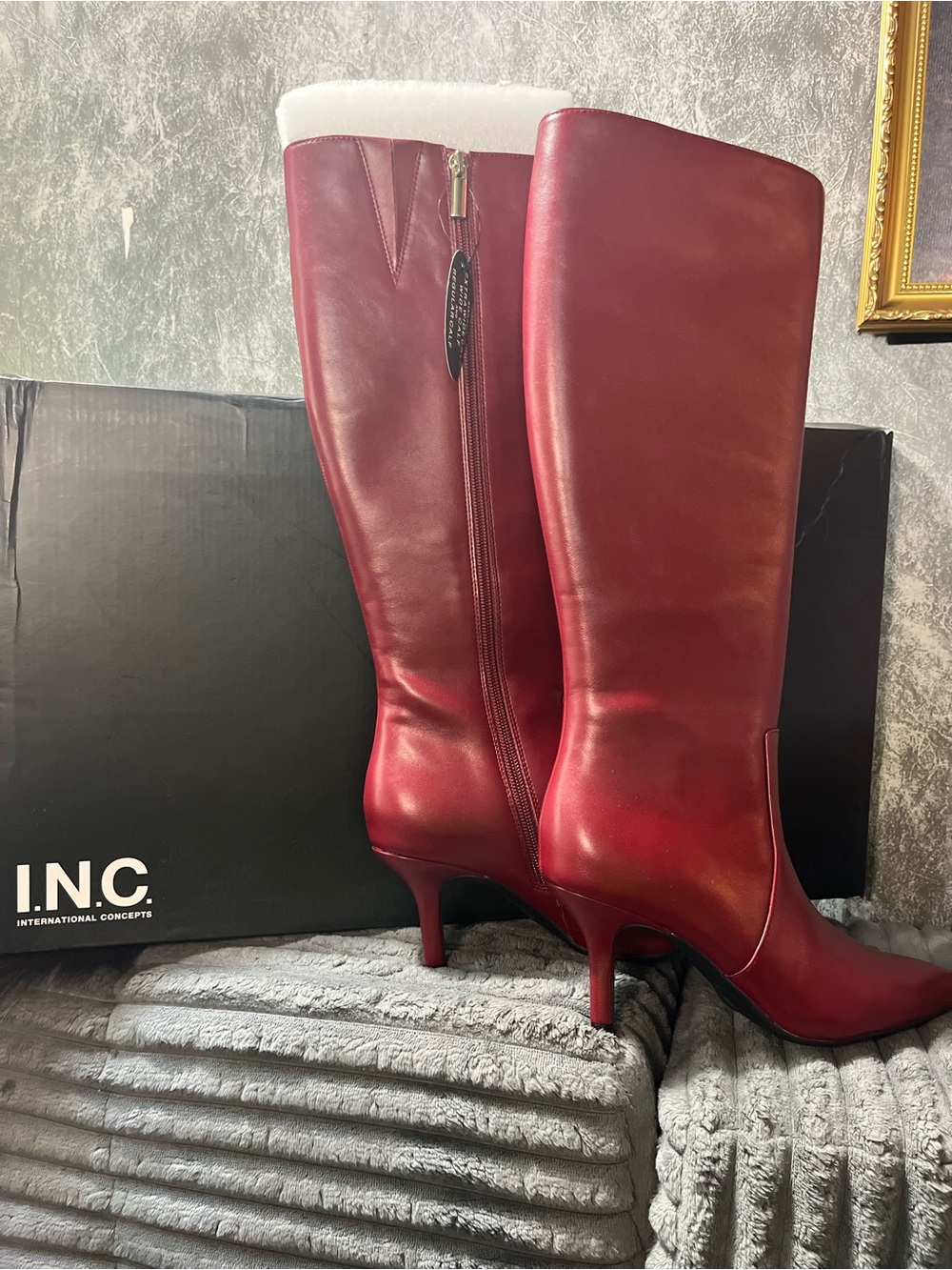 INC International Concepts Red Leather Knee-High Heeled Boots